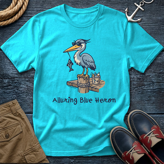 Lagoon Blue t-shirt with a heron graphic and text, "Alluring Blue Heron"