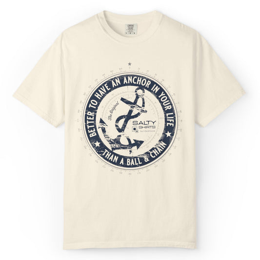 Beige t-shirt with a circular graphic and text on a white background