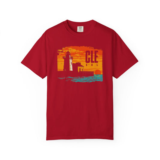 Red t-shirt with a graphic design of a lighthouse and 'CLE' text on a white background