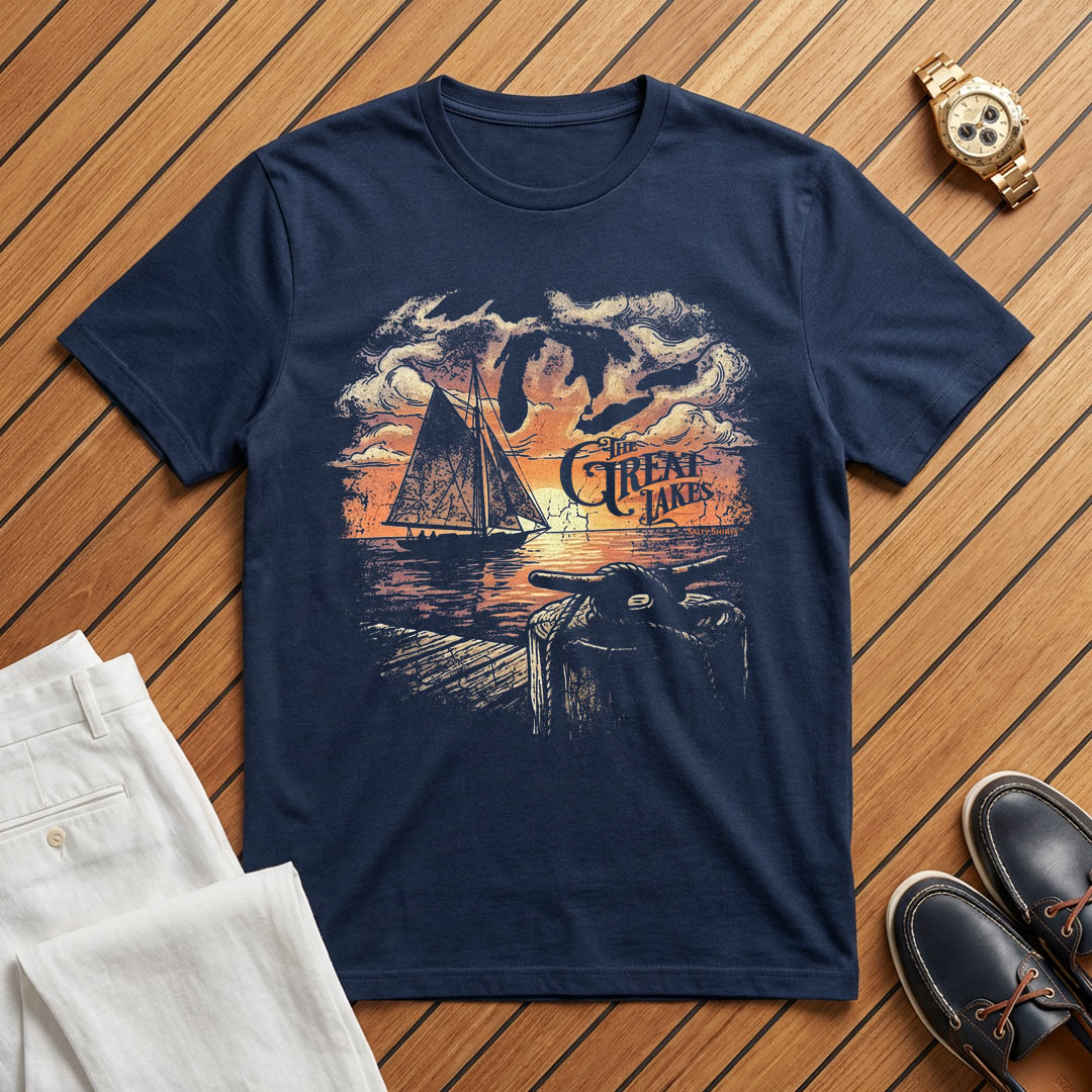 Navy blue t-shirt with a graphic design of a sailboat and text on a wooden surface with shoes and pants.
