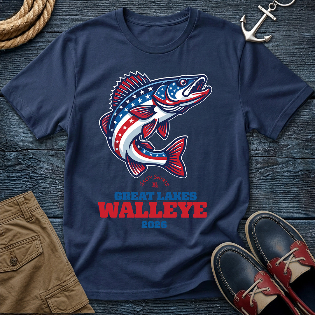 Navy t-shirt with a fish graphic and text Great Lakes Walleye 2026