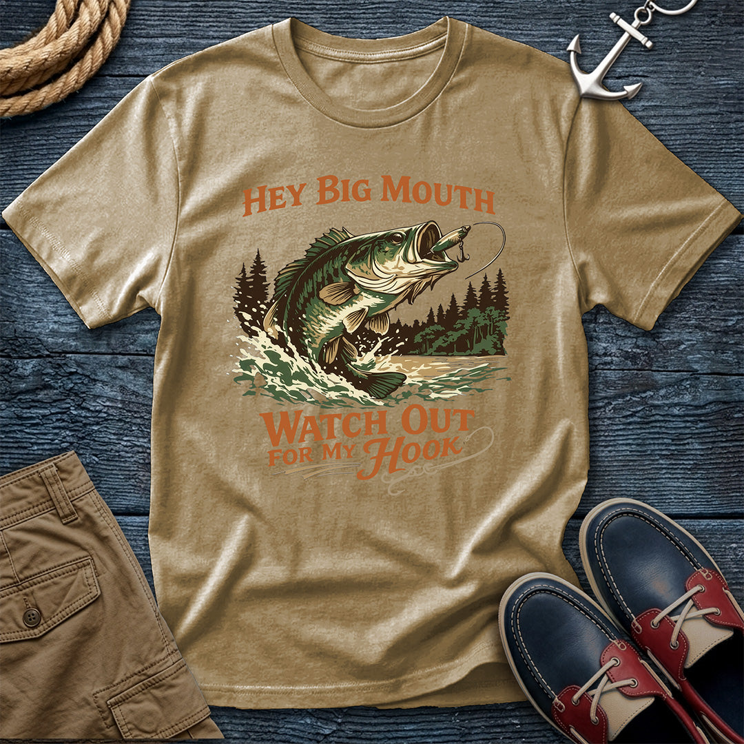 Hey Big Mouth Fishing T-Shirt in Khaki — vintage bass graphic tee on Comfort Colors 1717
