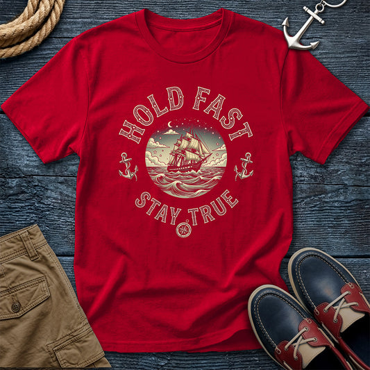 Red Hold Fast Stay True T-Shirt in Red – nautical tall ship graphic tee by Salty Shirts