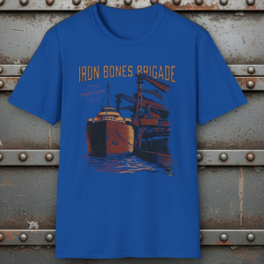 Blue t-shirt with a ship graphic and 'Iron Bones Brigade' text on a metal background