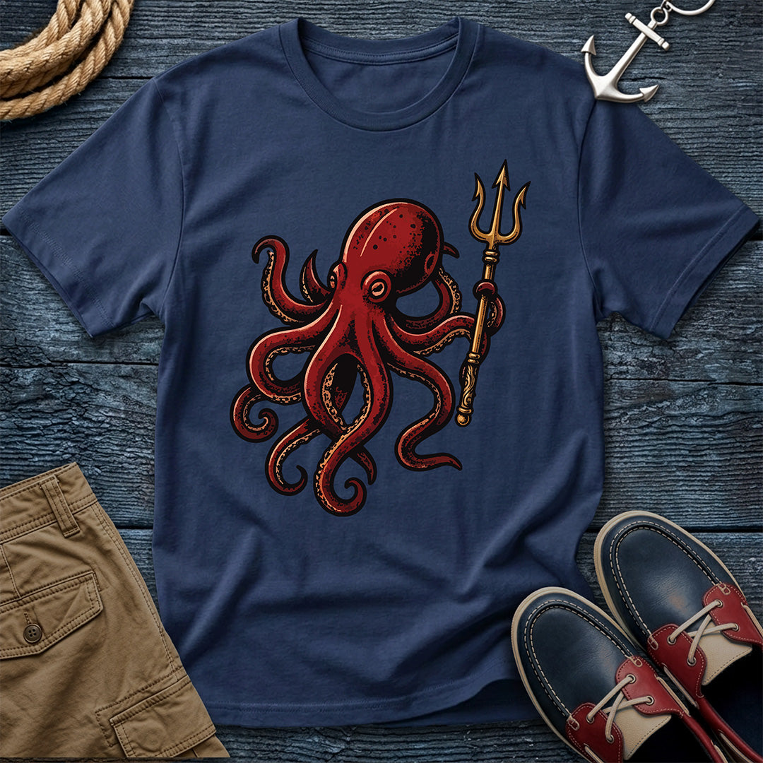 Kraken & Trident sailor flash tee in true navy — classic nautical tattoo graphic shirt for ocean enthusiasts