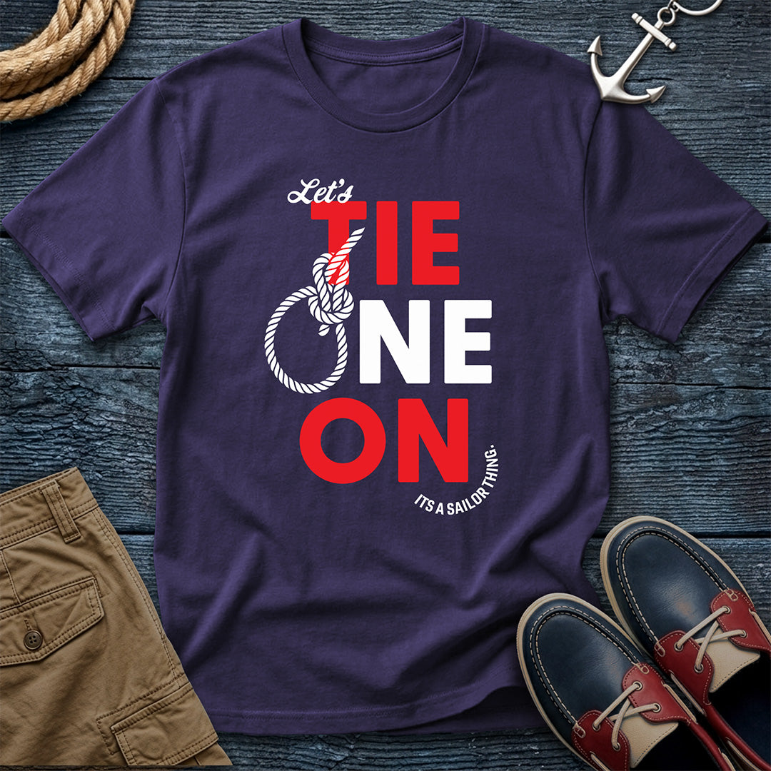 Let's Tie One On T-Shirt in Grape — bowline knot sailing humor graphic on Comfort Colors garment-dyed cotton