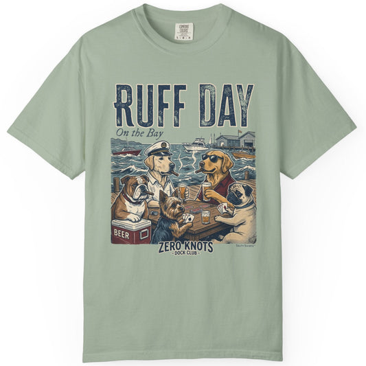 Bay green t-shirt with a graphic of the dock dogs 'Ruff Day' text on a white background
