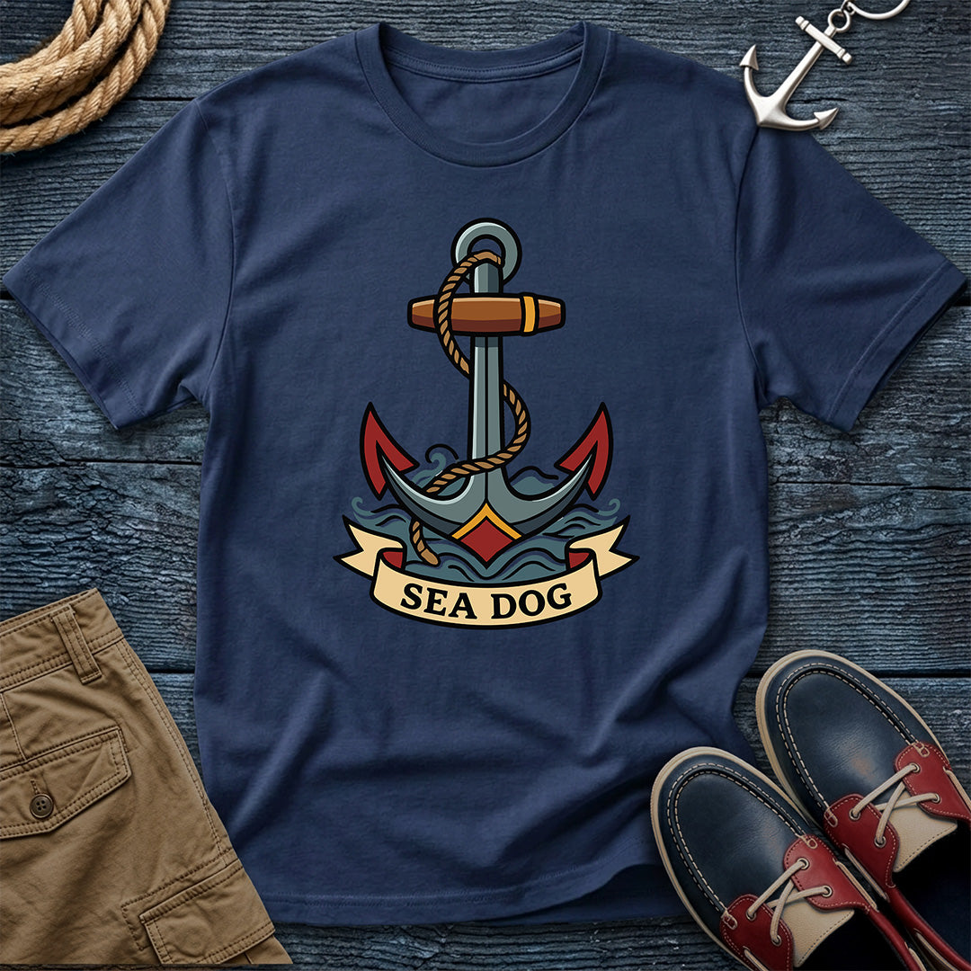 Sea Dog anchor tee in true navy — bold nautical tattoo graphic shirt, the perfect gift for sailors and sea dogs