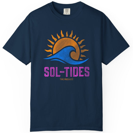 Navy blue t-shirt with a sun and wave graphic and 'SOL-TIDES' text on a white background