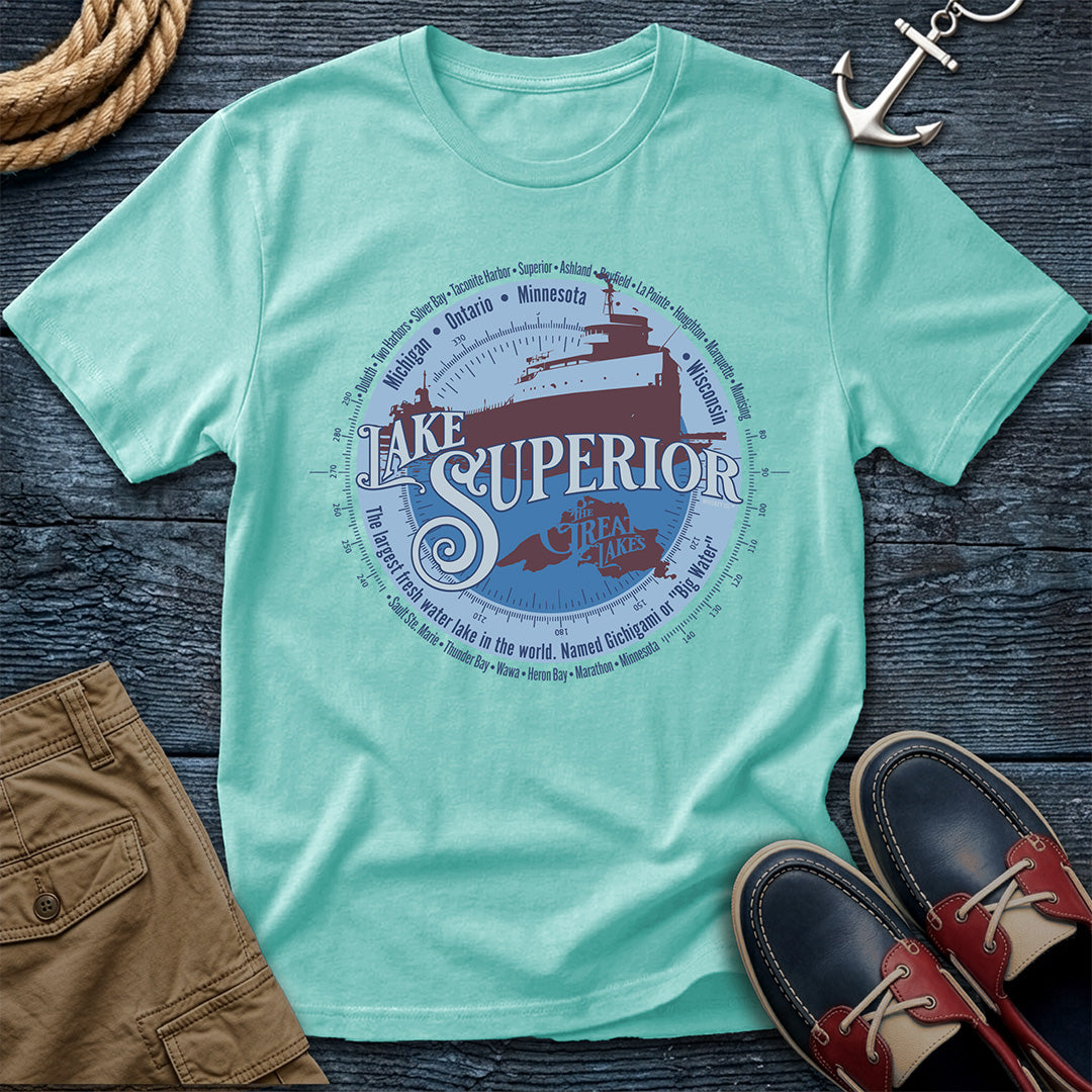 Lake Superior Great Lakes Chalky Mint tee. Largest freshwater lake in the world. Freighter silhouette and compass design on Comfort Colors 1717 garment-dyed cotton. For those who know the big water.