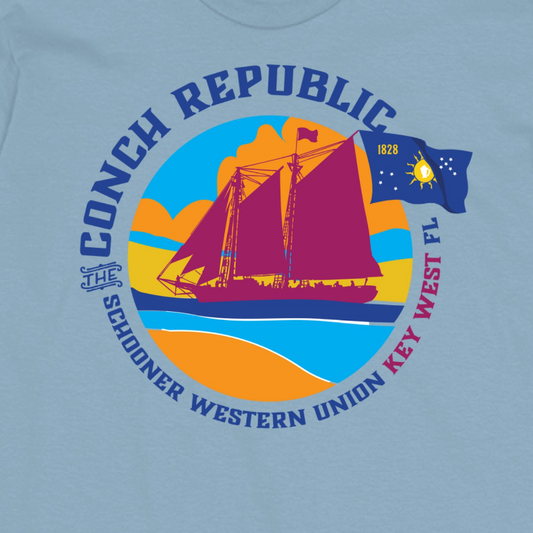 The Conch Republic a colorful graphic of the iconic tall ship The Schooner Western Union Light blue t-shirt Key West