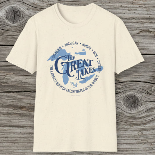 Beige t-shirt with blue graphic and text about the Great Lakes on a white background