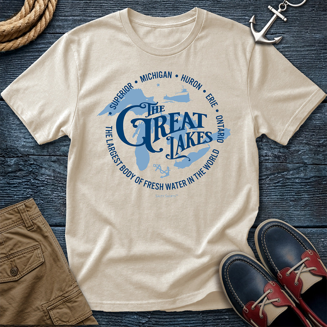 The_Great_Lakes_Natural_T-Shirt t-shirt with blue graphic and text about the Great Lakes on a white background