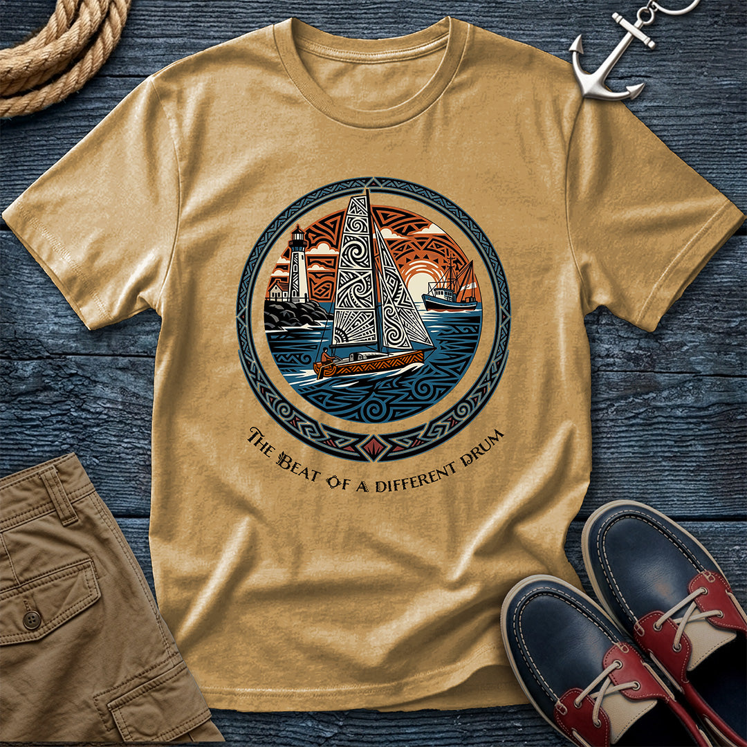 The Beat of a Different Drum Tee in Mustard – tribal sailboat graphic t-shirt | Salty Shirts
