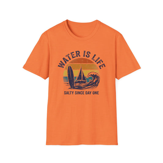 Orange t-shirt with 'Water is Life' graphic design on a white background