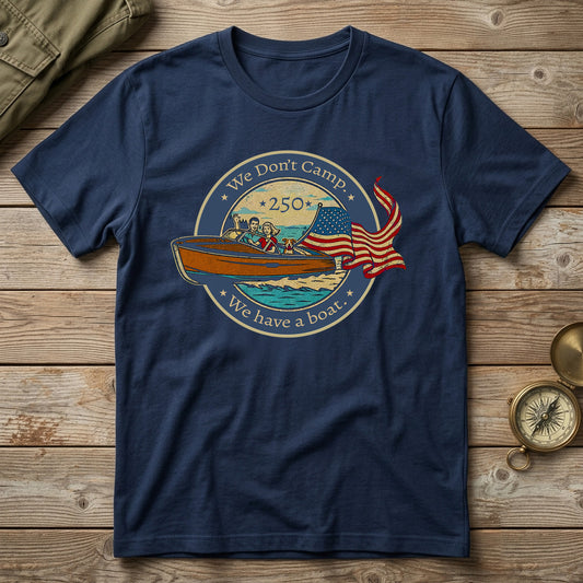 Navy blue t-shirt with a graphic design on a wooden surface