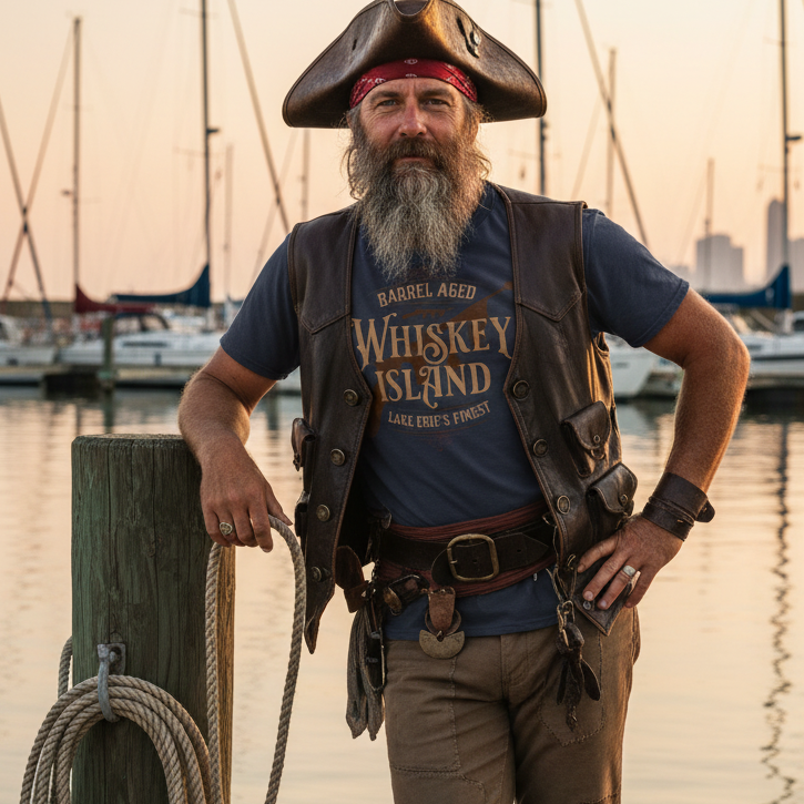 A bearded man in pirate-style costume stands on a wooden dock by a marina at sunset. He wears a black hat, red bandana, blue graphic T-shirt reading 'Whiskey Island', brown vest, tan pants, and dark boots, with ropes and boats visible in the background.