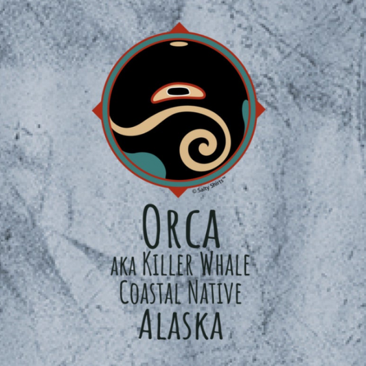 Orca symbol with text on a textured Ocean Dyed Shirt