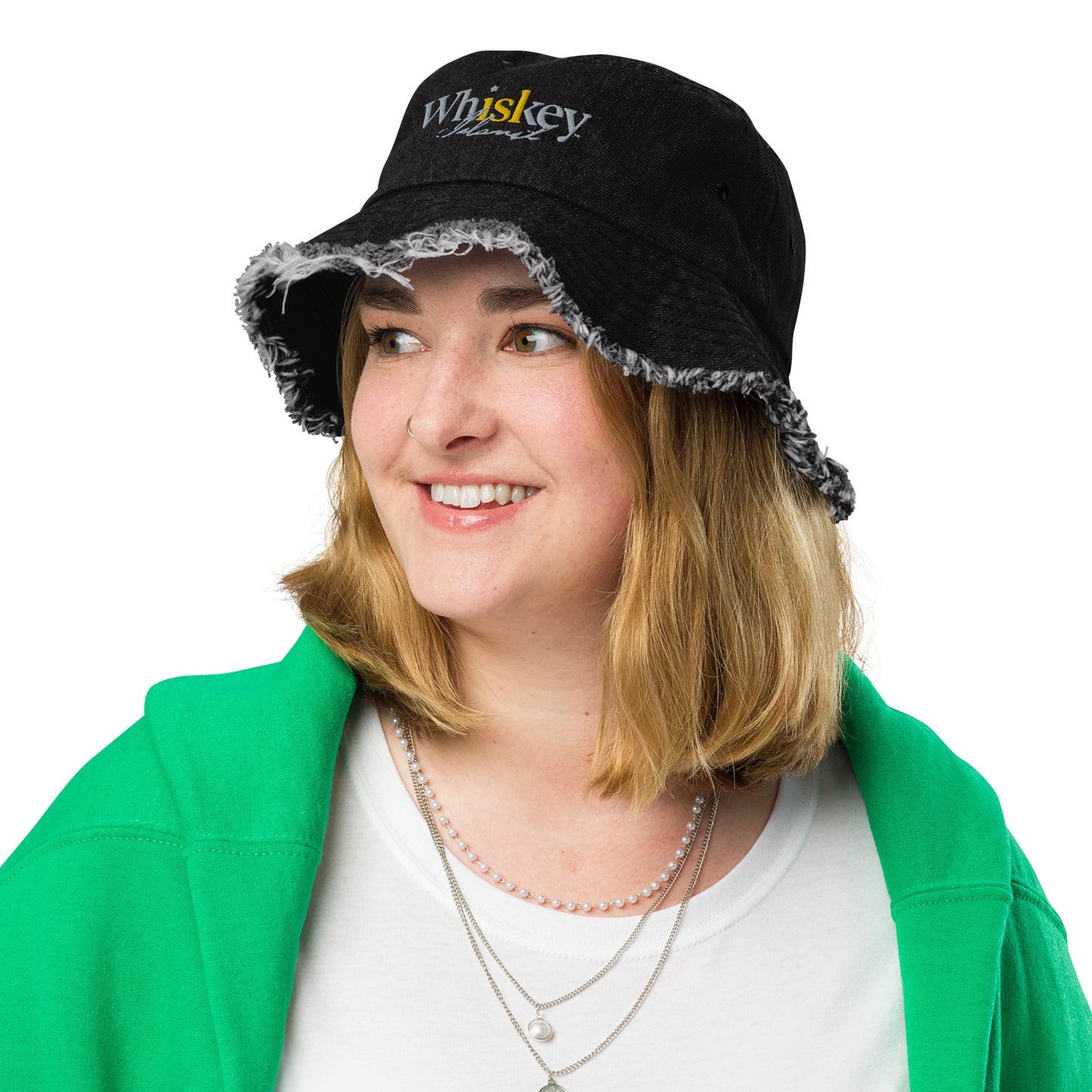 Whiskey Island Distressed denim bucket hat Black
