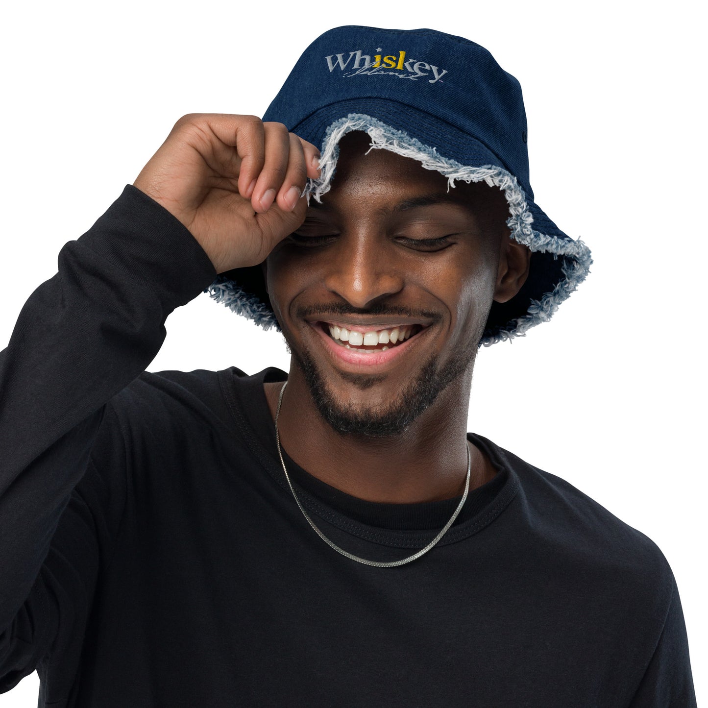 Whiskey Island Distressed denim bucket hat