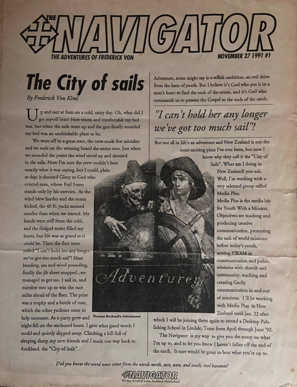A picture of a news letter with a Norman Rockwell painting of Adventures a sailor and an old man. The Navigator 