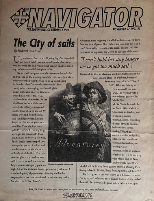 A picture of a news letter with a Norman Rockwell painting of Adventures a sailor and an old man. The Navigator 