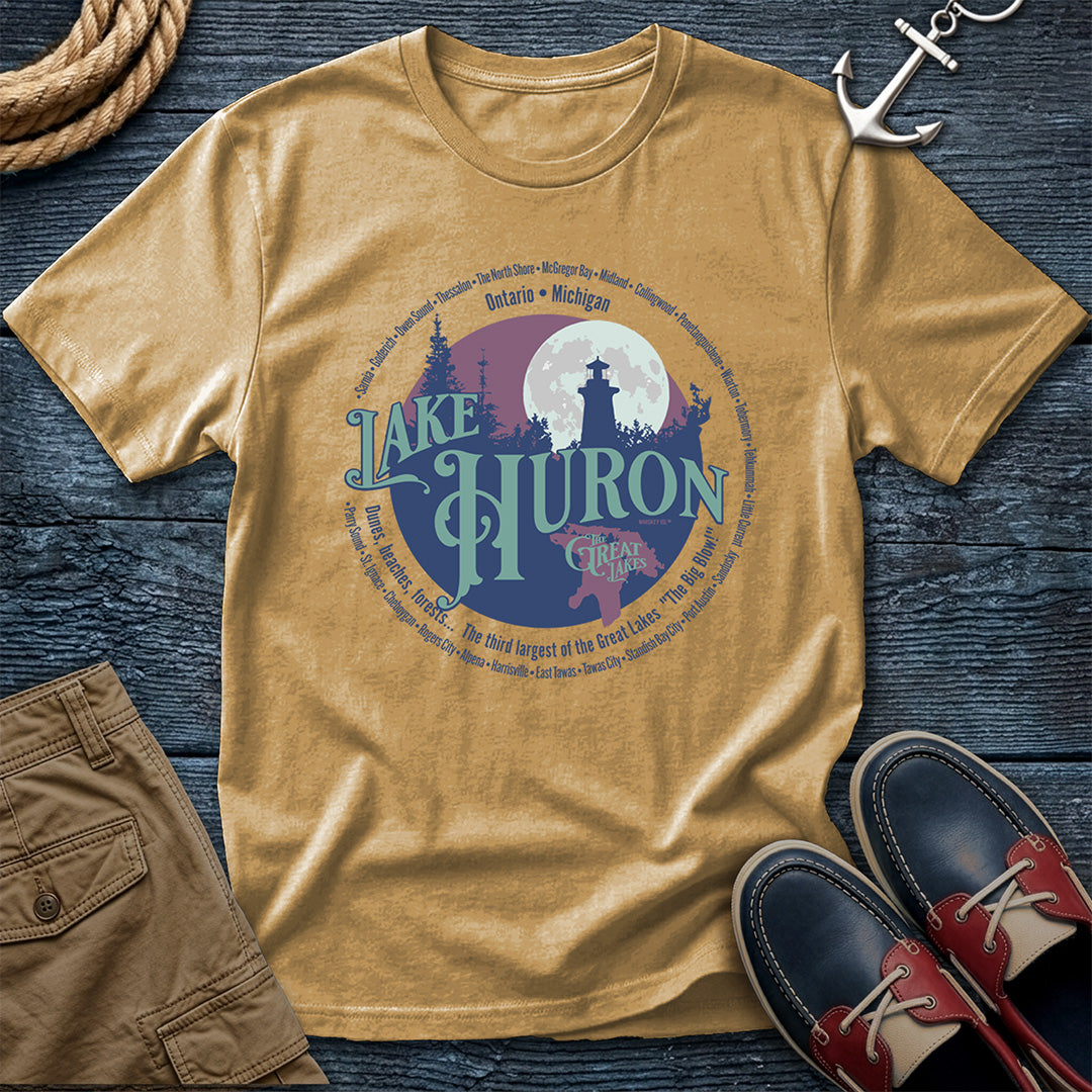 Lake Huron Great Lakes tee featuring Michigan and Ontario shoreline towns. Vintage circle design on Comfort Colors 1717 garment-dyed cotton. For the boaters, beachgoers, and lake people. Mustard Colored T-shirt