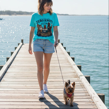 A light blue short-sleeve crewneck t-shirt featuring a vintage-style graphic of three dogs on a dock with the text 'ZERO KNOTS DOCK CLUB'.
