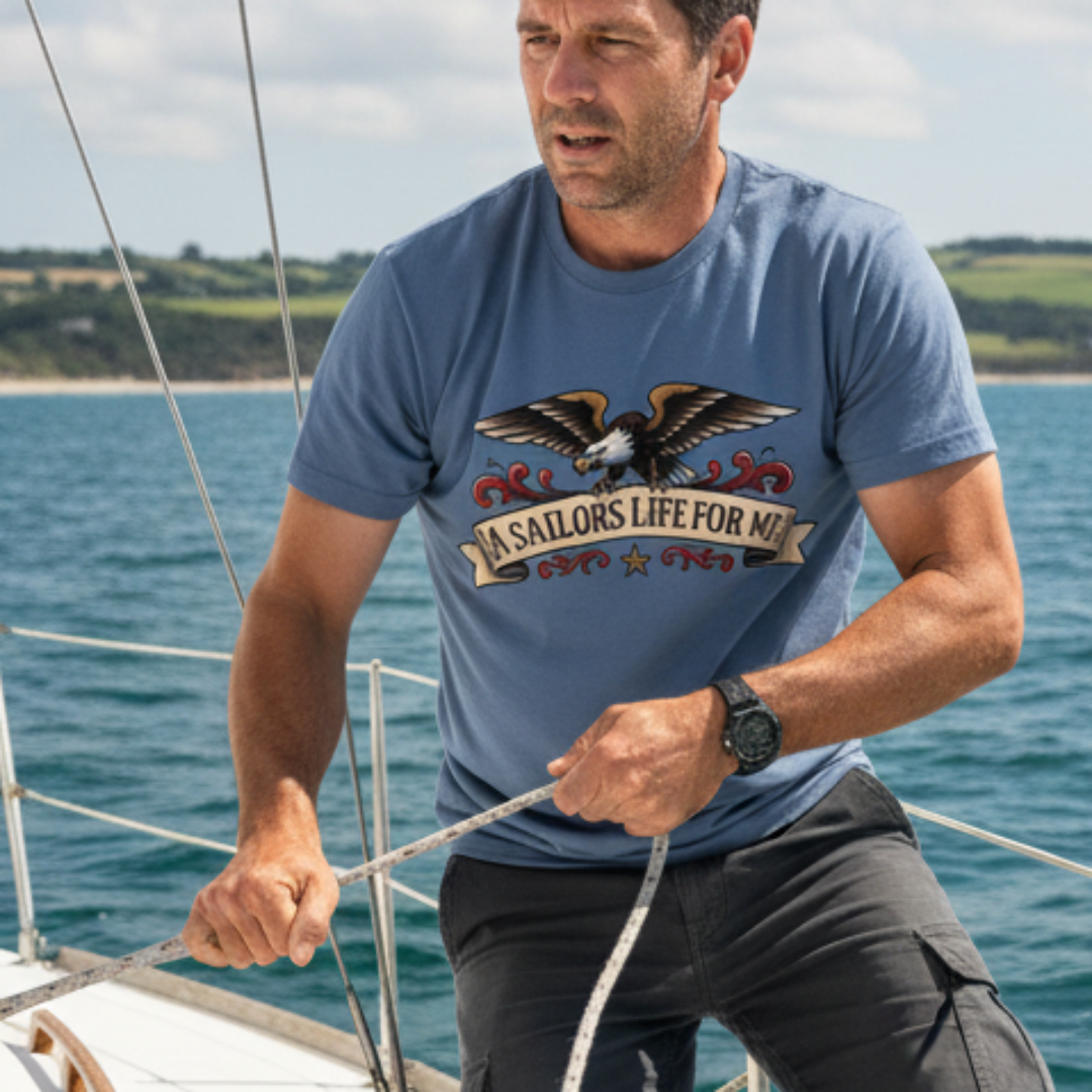 A man on a sailboat wearing a slate blue graphic t-shirt with an eagle design and the text 'A SAILORS LIFE FOR ME'.