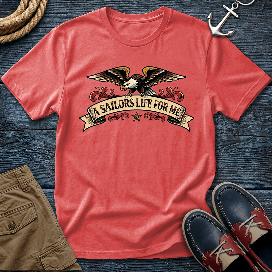 A Sailor's Life For Me Eagle Tee in Bright Salmon – traditional sailor tattoo flash graphic tee | Salty Shirts