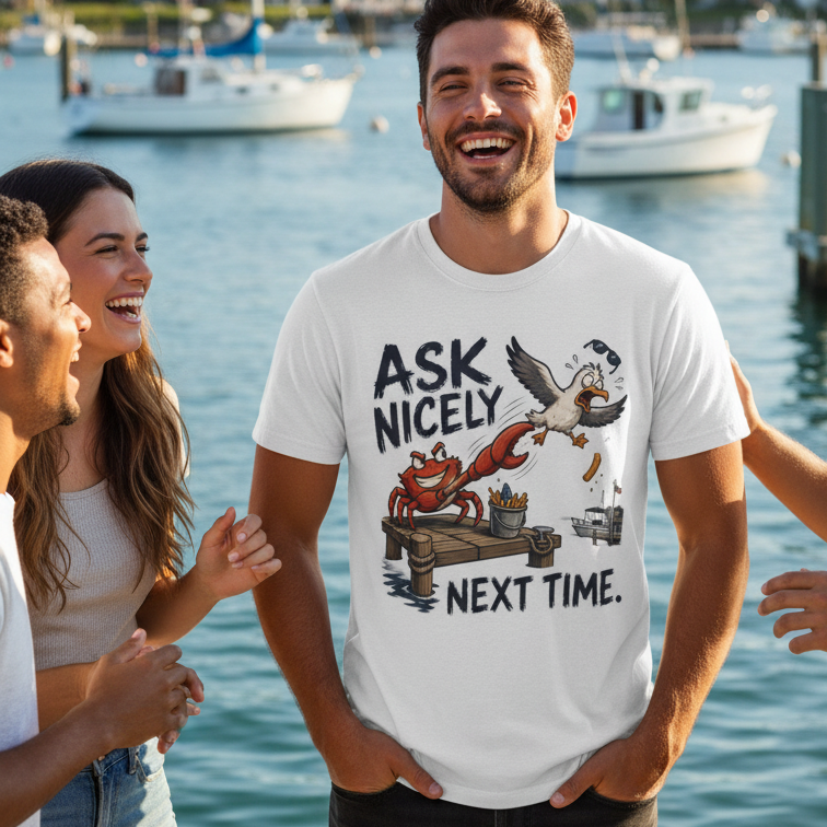 A man wearing a white graphic t-shirt with a cartoon Crab and seagull design and the text 'ASK NICELY NEXT TIME.' standing in front of a marina background with other people partially visible.