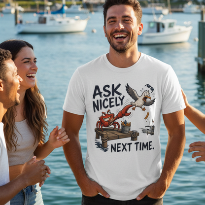 A man wearing a white graphic t-shirt with a cartoon Crab and seagull design and the text 'ASK NICELY NEXT TIME.' standing in front of a marina background with other people partially visible.