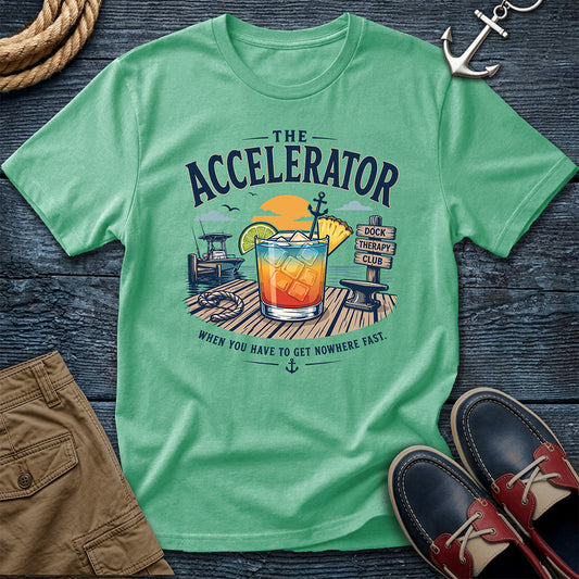 Island Reef T-Shirt Graphic reads The  Accelerator Dock Therapy Club for anyone who needs to get nowhere fast. Premium Comfort Colors cotton, nautical humor built in.