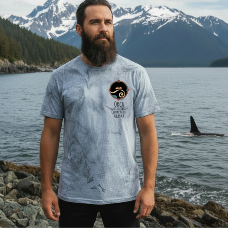 Man standing on a rocky shore with mountains and an orca in the background, wearing a t-shirt with a Tribal logo and text.