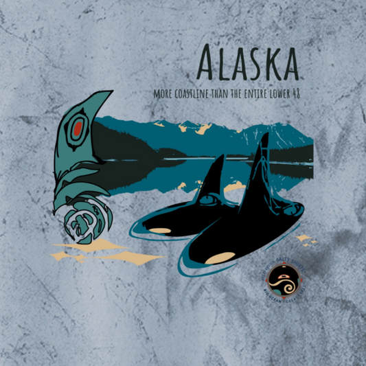 Illustration of orcas with crow tribal art with mountains and water in the background, Titled 'Alaska'.