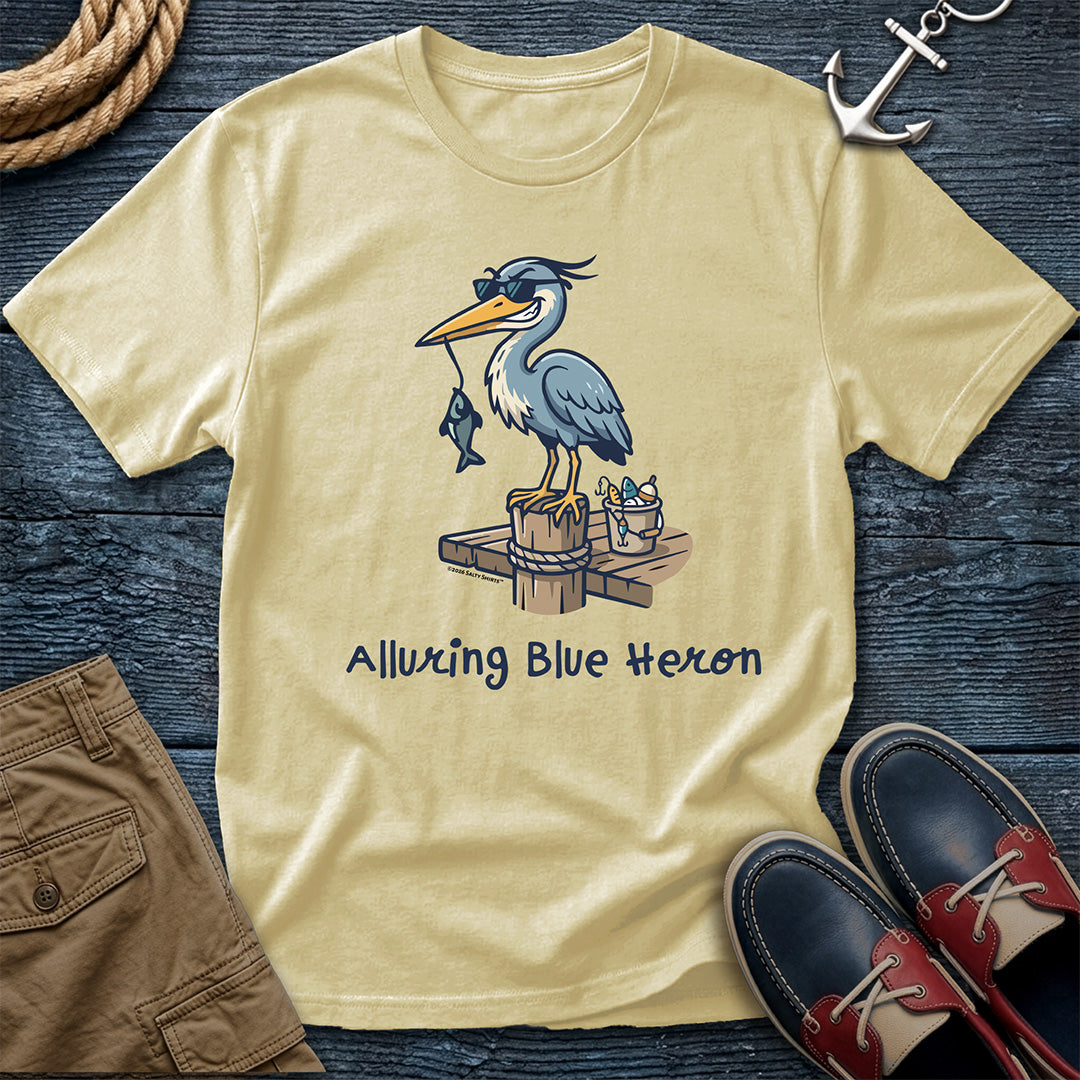 Banana t-shirt with a blue heron graphic and text Lagoon Blue t-shirt with a heron graphic and text, "Alluring Blue Heron"