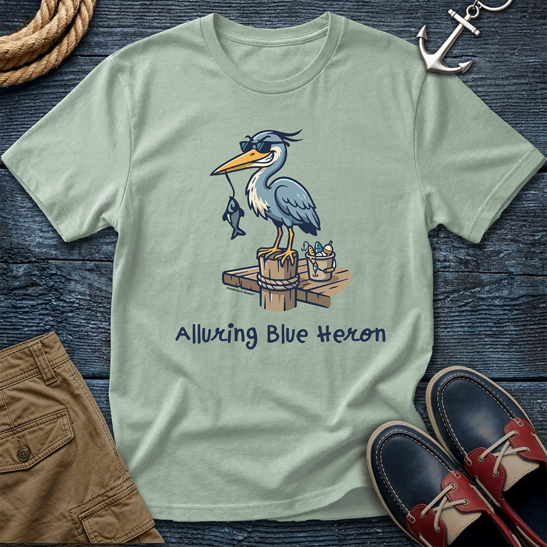 Bay t-shirt with a blue heron graphic and text Lagoon Blue t-shirt with a heron graphic and text, "Alluring Blue Heron"