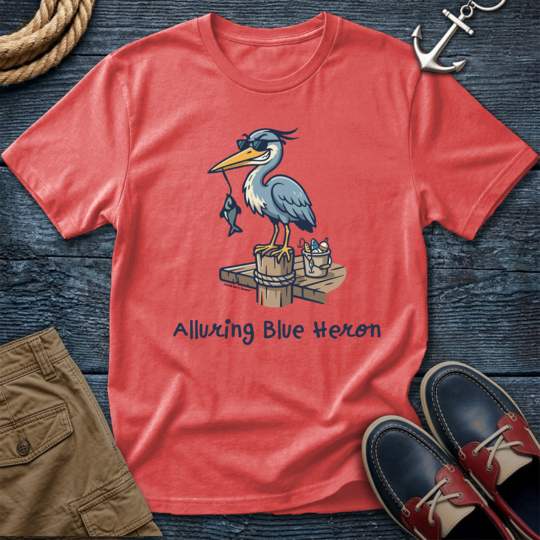 Bright Salmon t-shirt with a heron graphic and text, "Alluring Blue Heron"