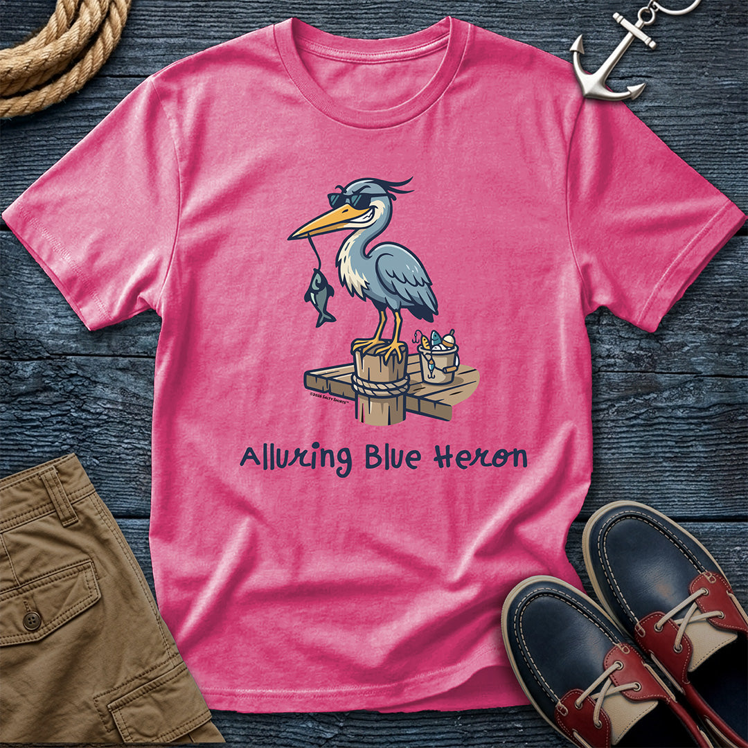 Crunchberry t-shirt with a blue heron graphic and text, "Alluring Blue Heron"