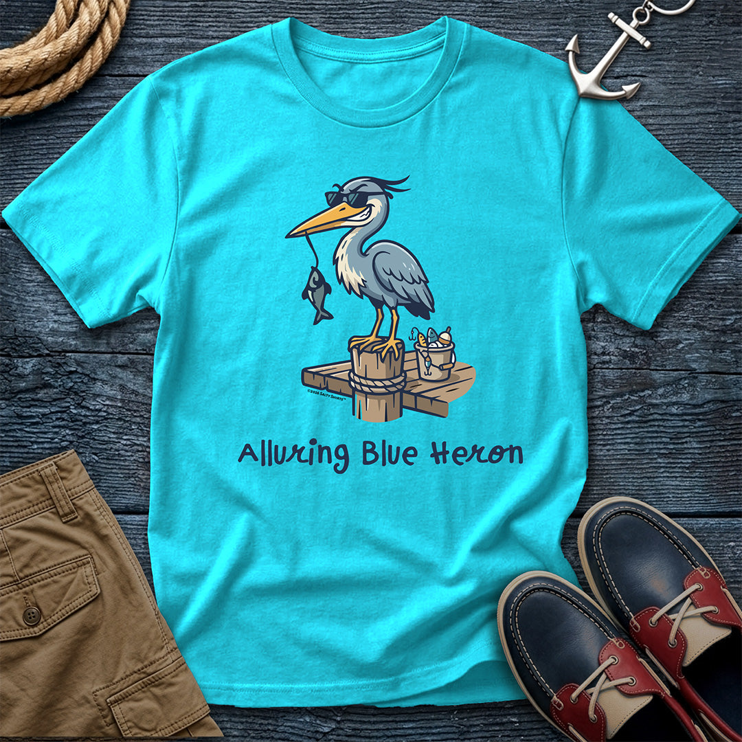 Lagoon Blue t-shirt with a heron graphic and text, "Alluring Blue Heron"