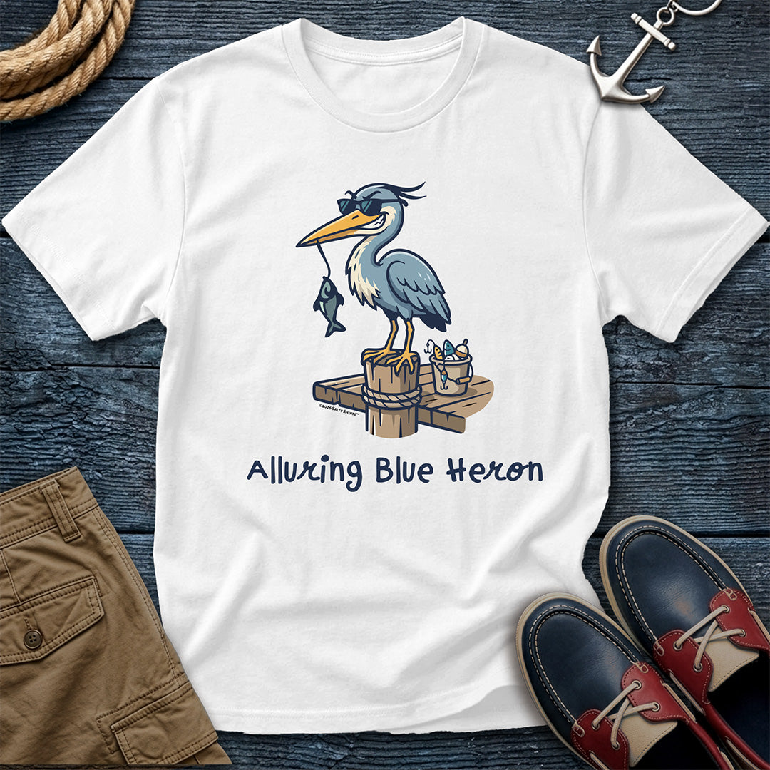 White t-shirt with a blue heron graphic and text, "Alluring Blue Heron"