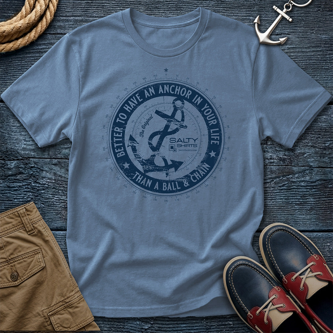 Anchor Of Freedom T-Shirt in Blue Jean — nautical graphic tee with 'Better to Have an Anchor in Your Life' print on Comfort Colors 1717