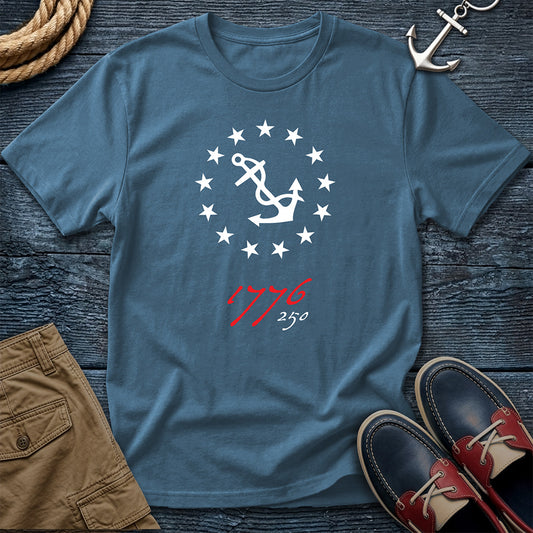 Anchored Since 1776 — 250th Anniversary Tee in Denim — patriotic anchor and 13 stars graphic on Comfort Colors garment-dyed cotton