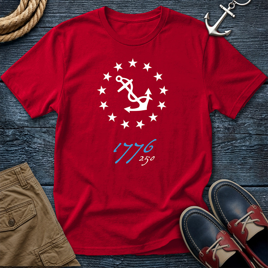 Anchored Since 1776 — 250th Anniversary Tee in Red — patriotic anchor and 13 stars graphic on Comfort Colors garment-dyed cotton