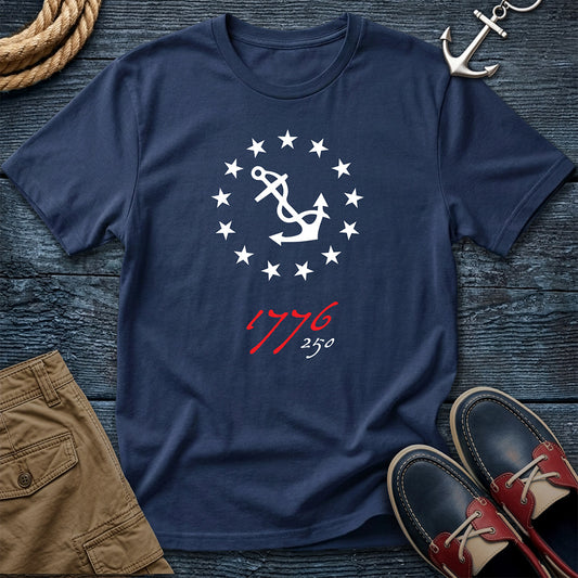 Anchored Since 1776 — 250th Anniversary Tee in True Navy — patriotic anchor and 13 stars graphic on Comfort Colors garment-dyed cotton