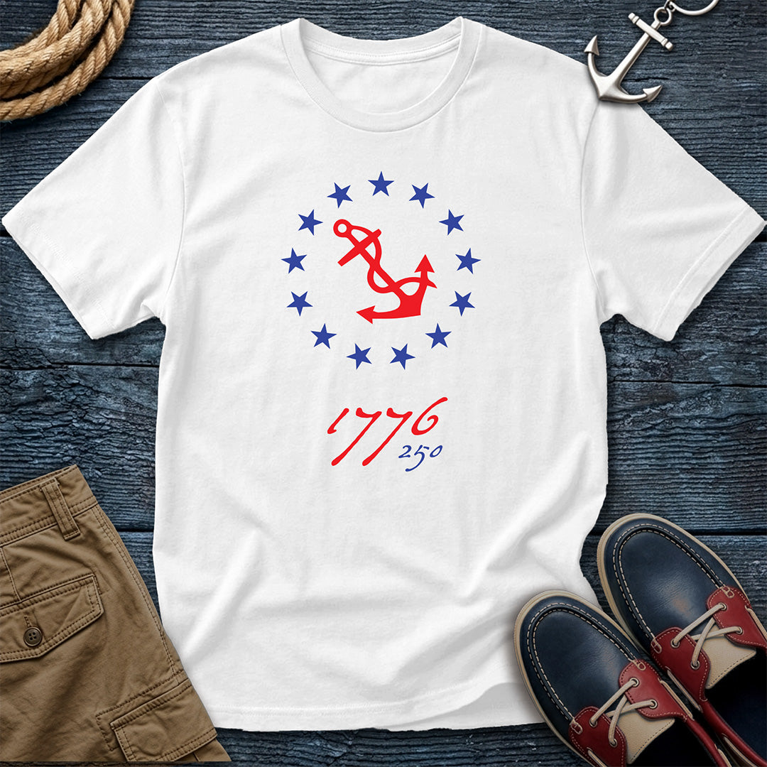 Anchored Since 1776 — 250th Anniversary Tee in White — patriotic anchor and 13 stars graphic on Comfort Colors garment-dyed cotton