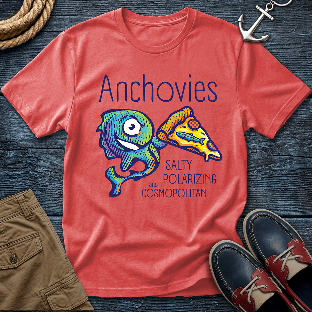 A Bright Salmon short-sleeve crewneck t-shirt featuring a colorful graphic of Salty the anchovy mascot diving into a pizza slice, with the text 'Anchovies SALTY POLARIZING and COSMOPOLITAN' printed on the front.