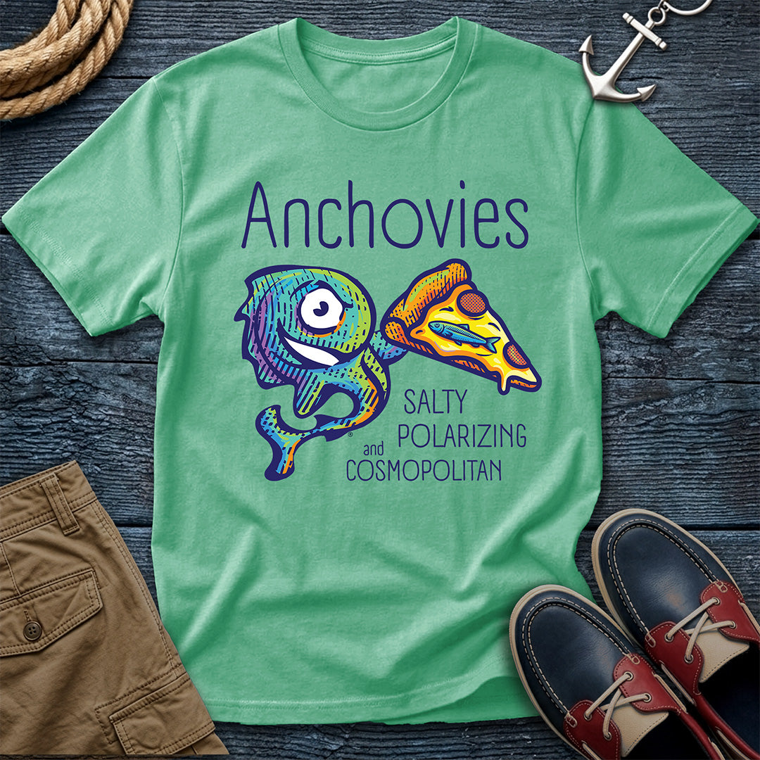 An Island Reef colored short-sleeve crewneck t-shirt featuring a colorful graphic of Salty the anchovy mascot diving into a pizza slice, with the text 'Anchovies SALTY POLARIZING and COSMOPOLITAN' printed on the front.