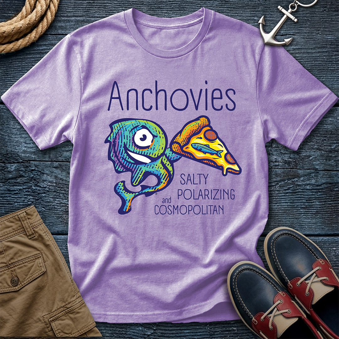 An Orchid short-sleeve crewneck t-shirt featuring a colorful graphic of Salty the anchovy mascot diving into a pizza slice, with the text 'Anchovies SALTY POLARIZING and COSMOPOLITAN' printed on the front.