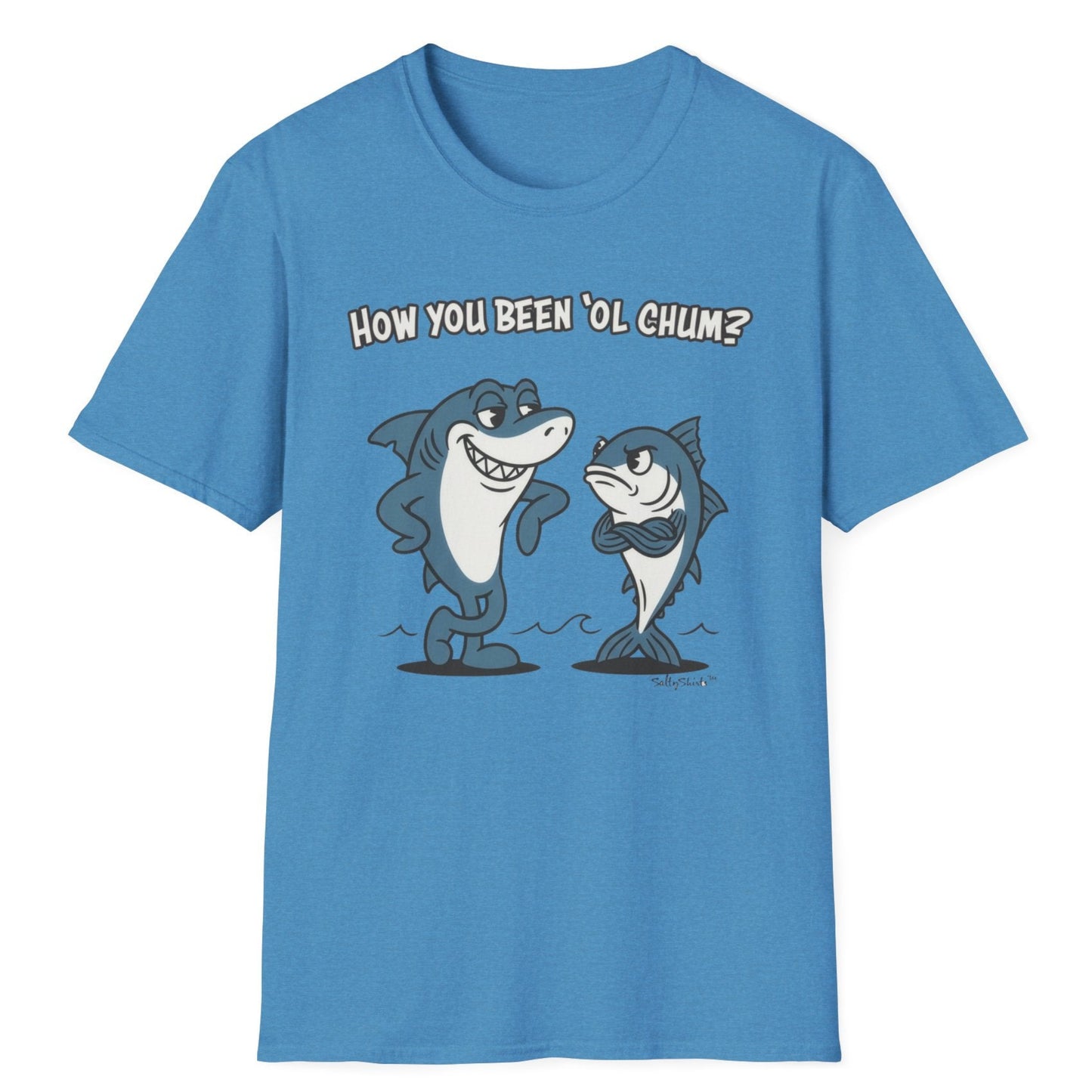 Blue t-shirt 'Ol Chum t-shirt with cartoon shark and tuna and text on a white background